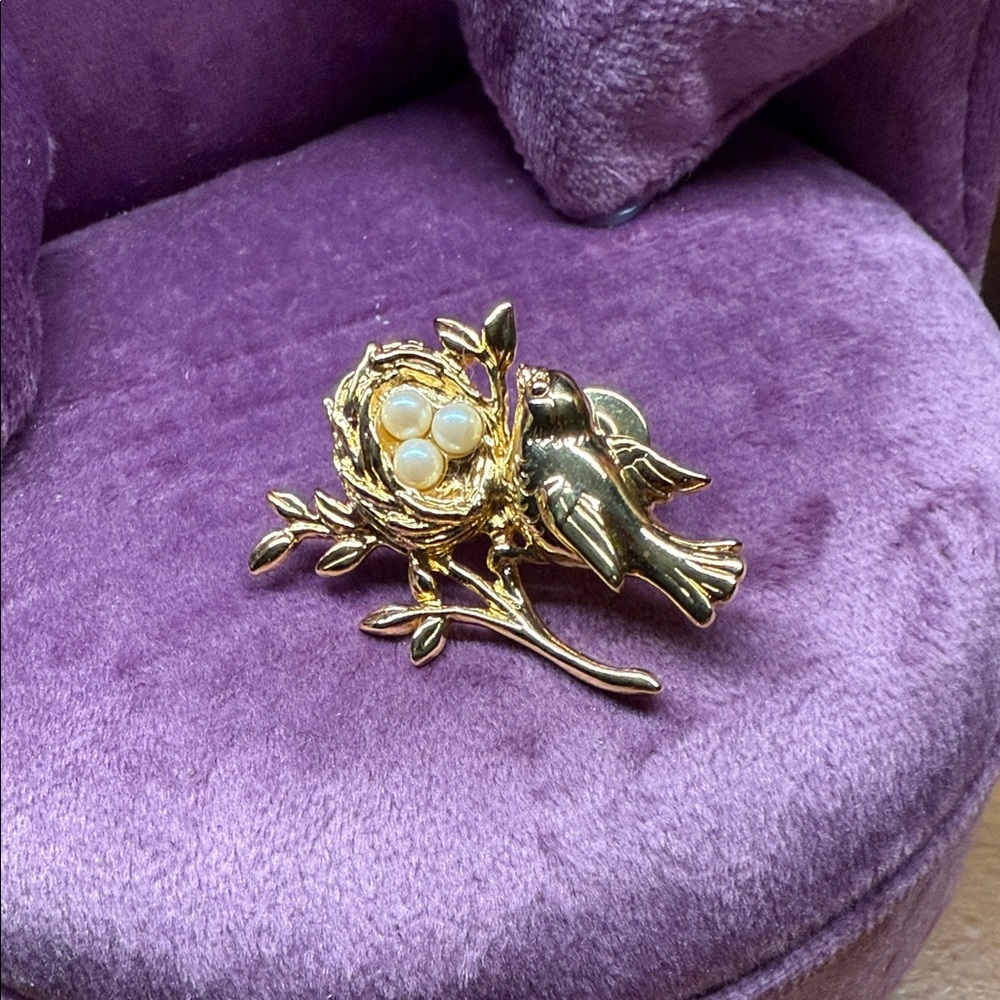Elegant Gold Bird Nest Brooch